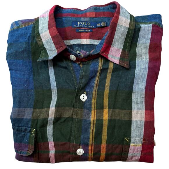 Polo Ralph Lauren Indigo Linen Button Down Men's XXL Red Dark Green Large Plaid* - Picture 3 of 8